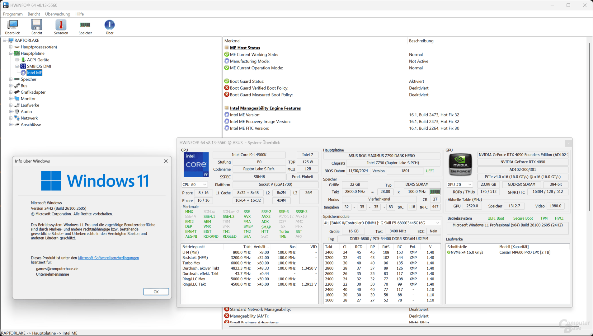 Intel Core i9-14900K avec le dernier BIOS et le dernier Windows 11 24H2 Build 2605