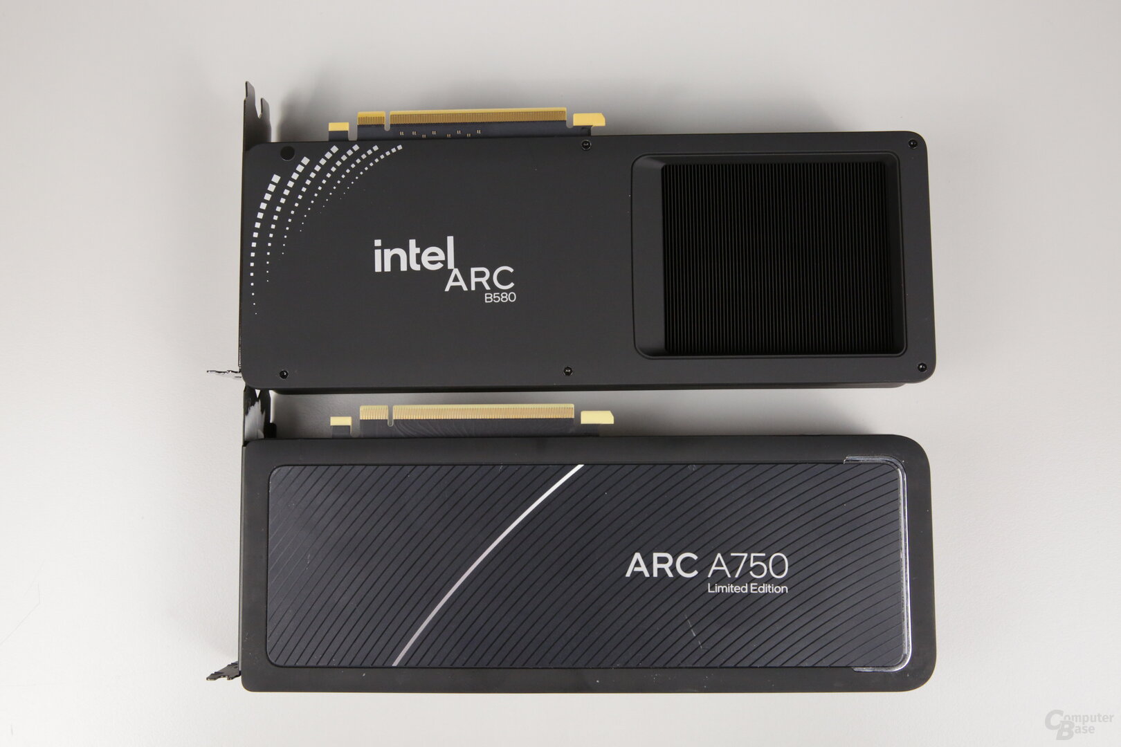 The Intel Arc B580 Limited Edition (top) versus the Intel Arc A750 Limited Edition (bottom)